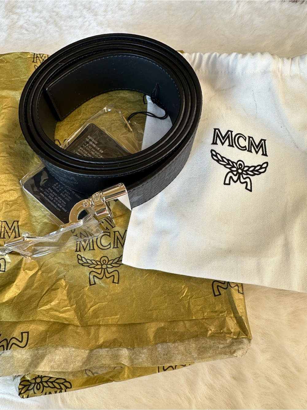 NWT MCM Black Leather Belt with Silver Hardware